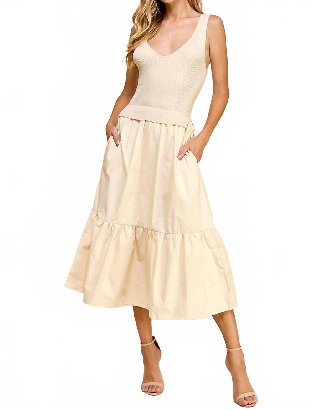 NEW TCEC knit bodice ruffle hem midi dress in beige